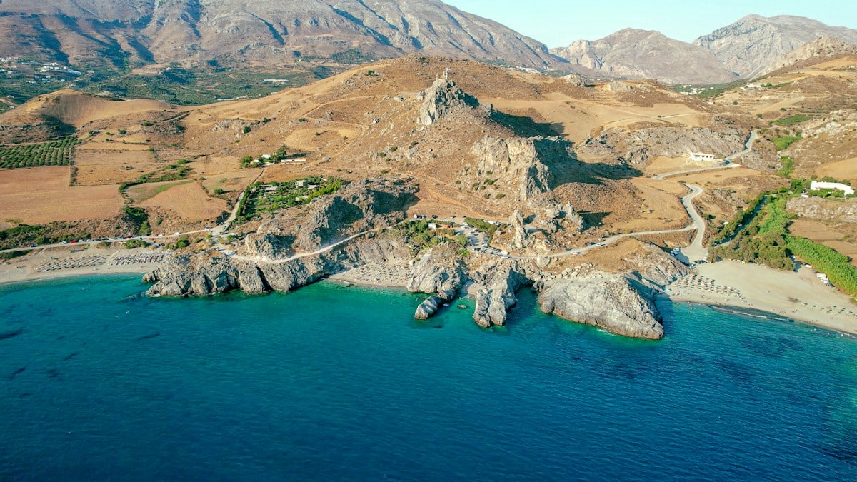 Aerial view of South Crete beaches. On the top the chapel of Saint Paisios. Check for the video.